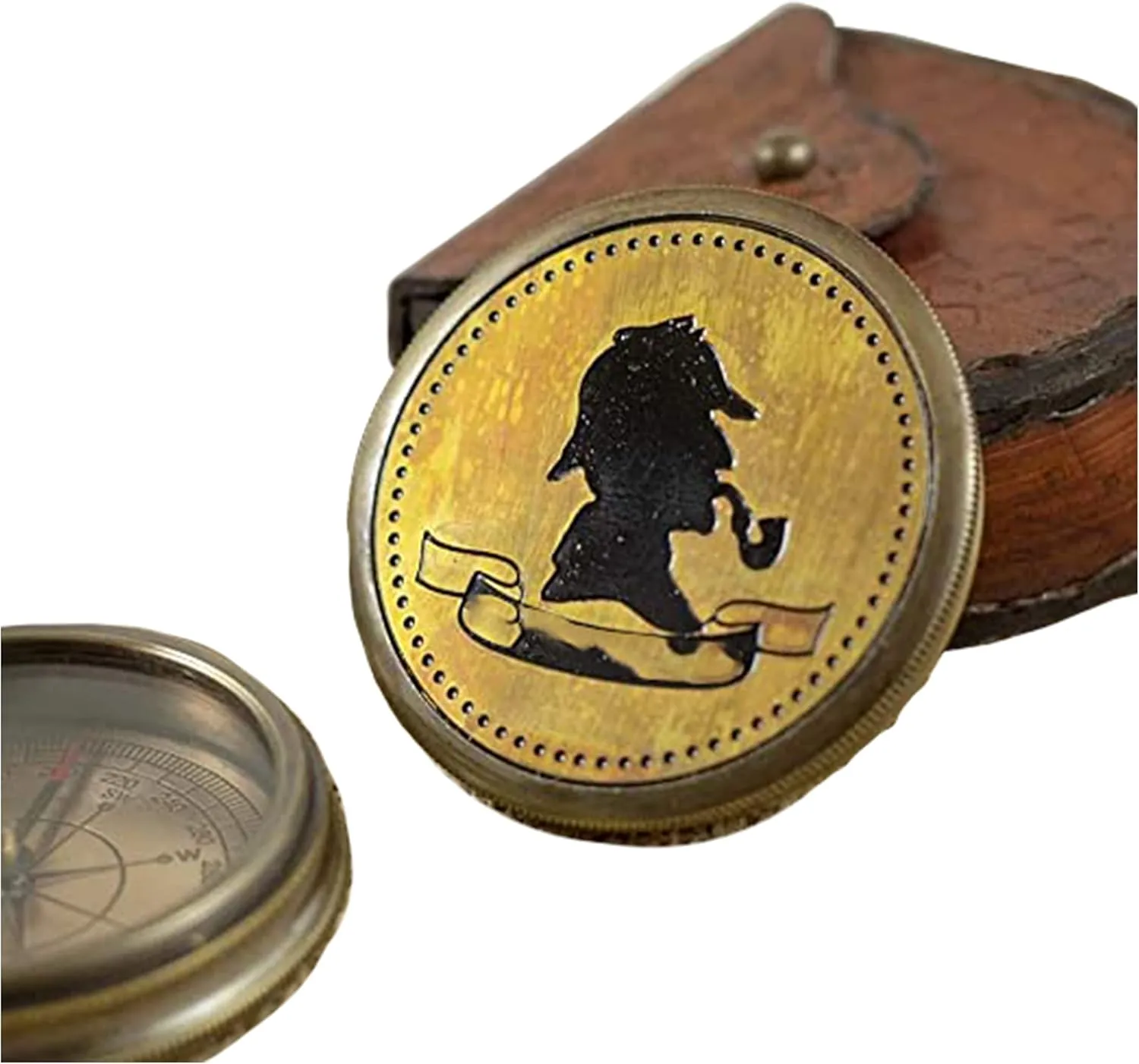 Antique Nautical Engraved Brass Round Compass with Leather Case Directional Maritime Navigational Pocket Compass Tool for Hiking Trekking Travelling & Camping by AWF ROORKEE Store