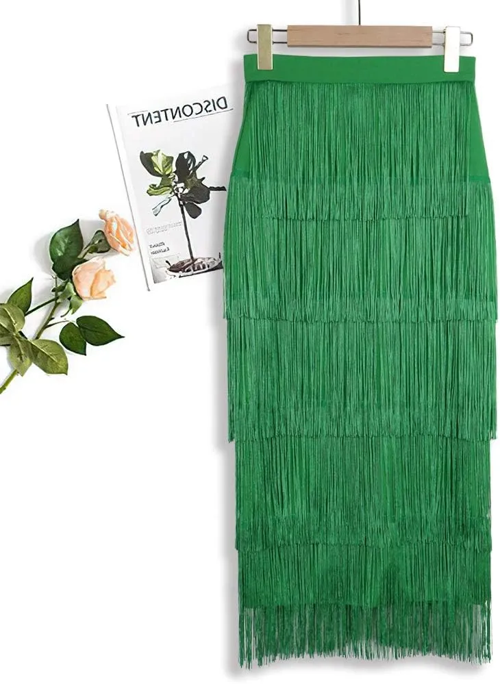 AOMEI Women's High Waist Fringe Tiered Bodycon Pencil Midi Skirt
