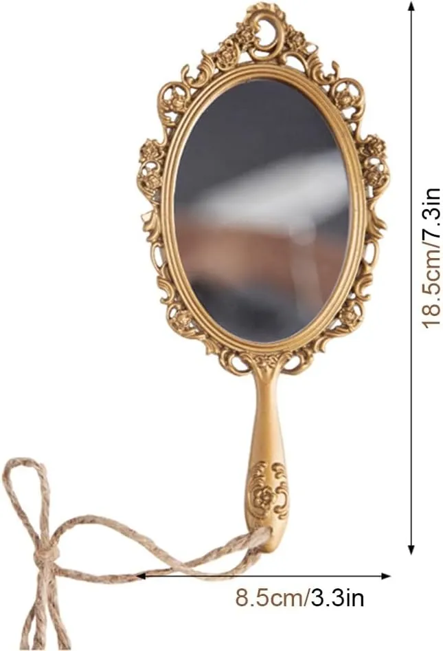 APLUSH Golden Retro Handheld Mirror, Portable Hand Mirror, Handheld Mirror with Handle, Makeup Compact Hand Mirror(Size:A)