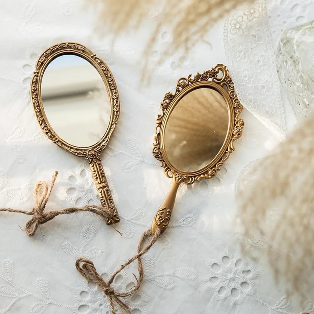 APLUSH Golden Retro Handheld Mirror, Portable Hand Mirror, Handheld Mirror with Handle, Makeup Compact Hand Mirror(Size:A)