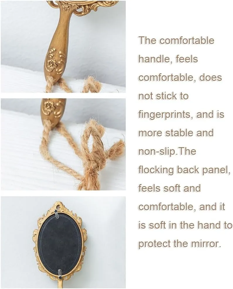 APLUSH Golden Retro Handheld Mirror, Portable Hand Mirror, Handheld Mirror with Handle, Makeup Compact Hand Mirror(Size:A)