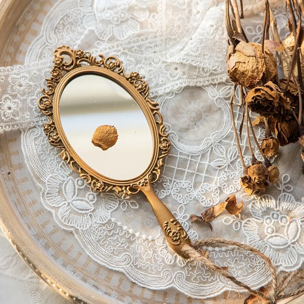 APLUSH Golden Retro Handheld Mirror, Portable Hand Mirror, Handheld Mirror with Handle, Makeup Compact Hand Mirror(Size:A)