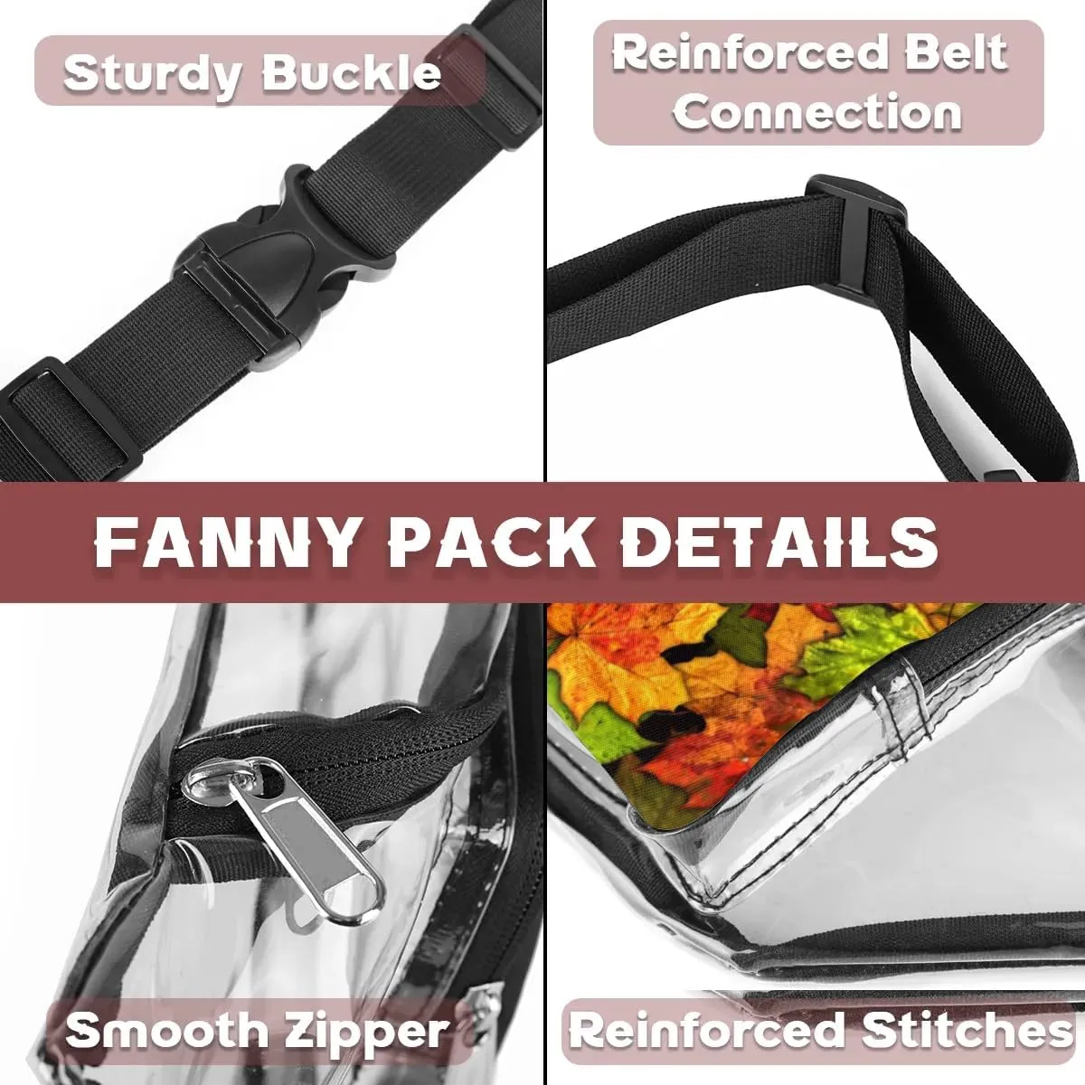 Autumn Maple Leaves Pattren Clear Fanny Pack Stadium Approved Clear Crossbody Belt Bag for Women Men Transparent Waist Bag with Adjustable Strap for Concerts Sports Events Travel