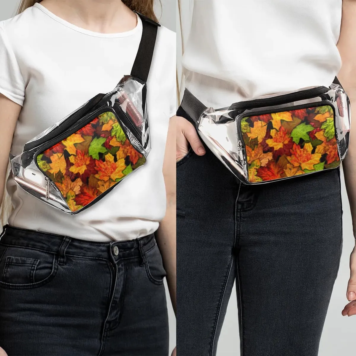 Autumn Maple Leaves Pattren Clear Fanny Pack Stadium Approved Clear Crossbody Belt Bag for Women Men Transparent Waist Bag with Adjustable Strap for Concerts Sports Events Travel