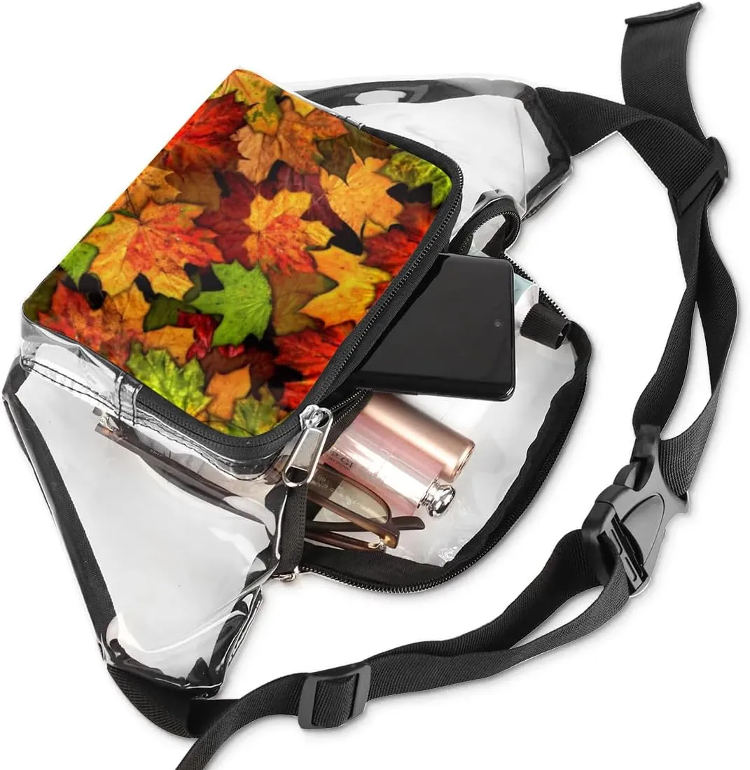 Autumn Maple Leaves Pattren Clear Fanny Pack Stadium Approved Clear Crossbody Belt Bag for Women Men Transparent Waist Bag with Adjustable Strap for Concerts Sports Events Travel