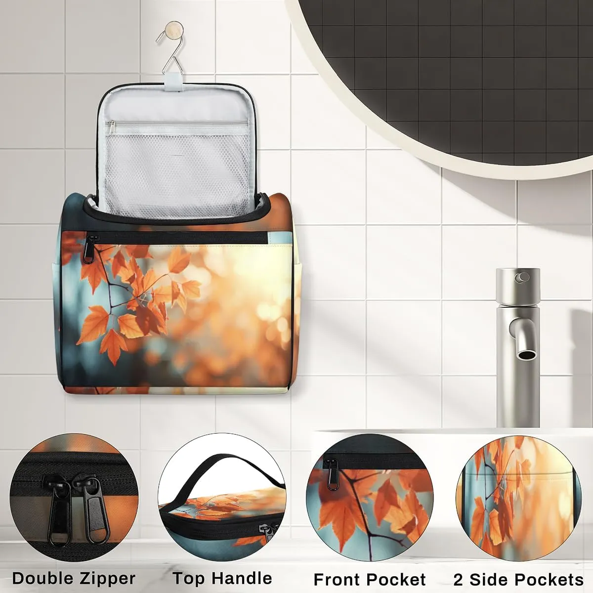 Autumn Sun Fall Leaves Travel Makeup Bag for Women Men Portable Waterproof Cosmetic Bag Toiletry Bag Make up Case Organizer Bathroom Shower Bag with Handle Travel Accessories