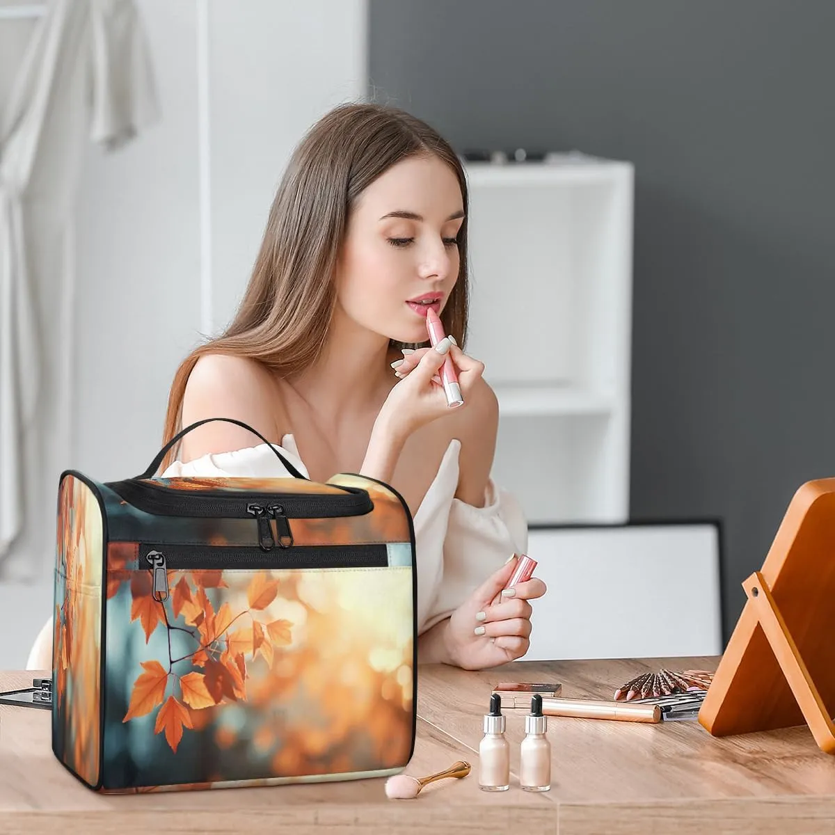 Autumn Sun Fall Leaves Travel Makeup Bag for Women Men Portable Waterproof Cosmetic Bag Toiletry Bag Make up Case Organizer Bathroom Shower Bag with Handle Travel Accessories