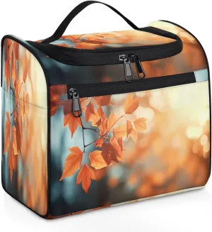 Autumn Sun Fall Leaves Travel Makeup Bag for Women Men Portable Waterproof Cosmetic Bag Toiletry Bag Make up Case Organizer Bathroom Shower Bag with Handle Travel Accessories
