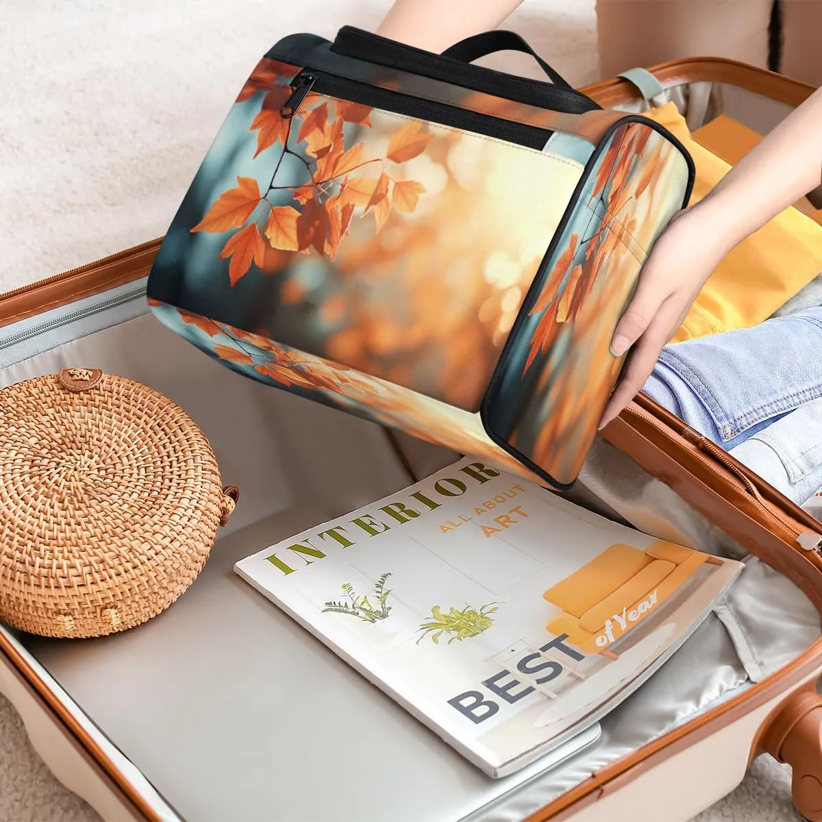 Autumn Sun Fall Leaves Travel Makeup Bag for Women Men Portable Waterproof Cosmetic Bag Toiletry Bag Make up Case Organizer Bathroom Shower Bag with Handle Travel Accessories
