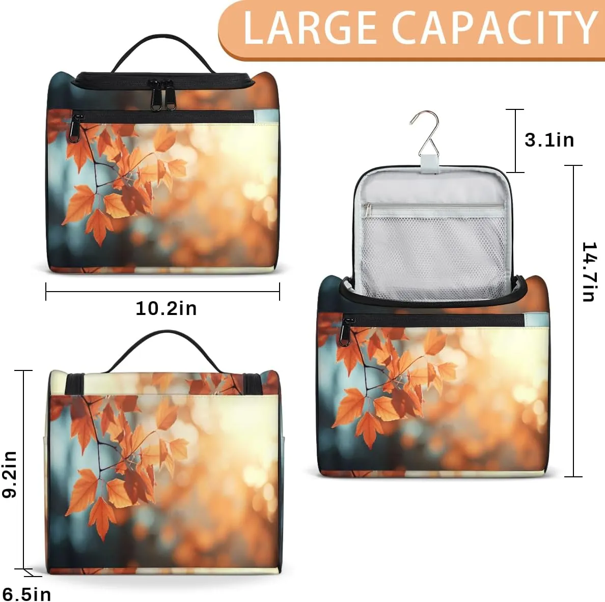 Autumn Sun Fall Leaves Travel Makeup Bag for Women Men Portable Waterproof Cosmetic Bag Toiletry Bag Make up Case Organizer Bathroom Shower Bag with Handle Travel Accessories