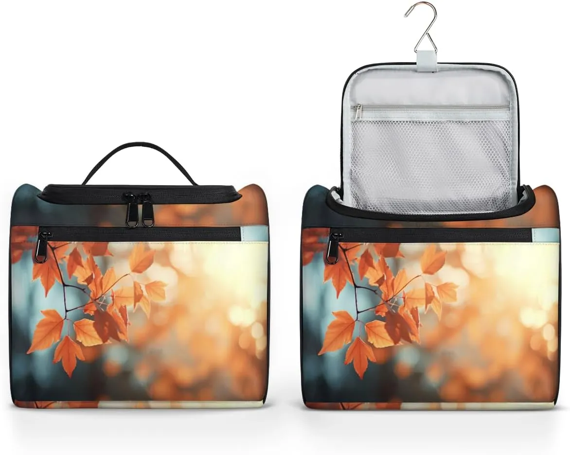 Autumn Sun Fall Leaves Travel Makeup Bag for Women Men Portable Waterproof Cosmetic Bag Toiletry Bag Make up Case Organizer Bathroom Shower Bag with Handle Travel Accessories