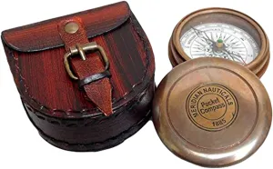 AWF Antique Nautical Engraved Brass Compass with Leather Case Directional Maritime Navigational Pocket Compass Tool for Hiking Trekking Travelling and Camping