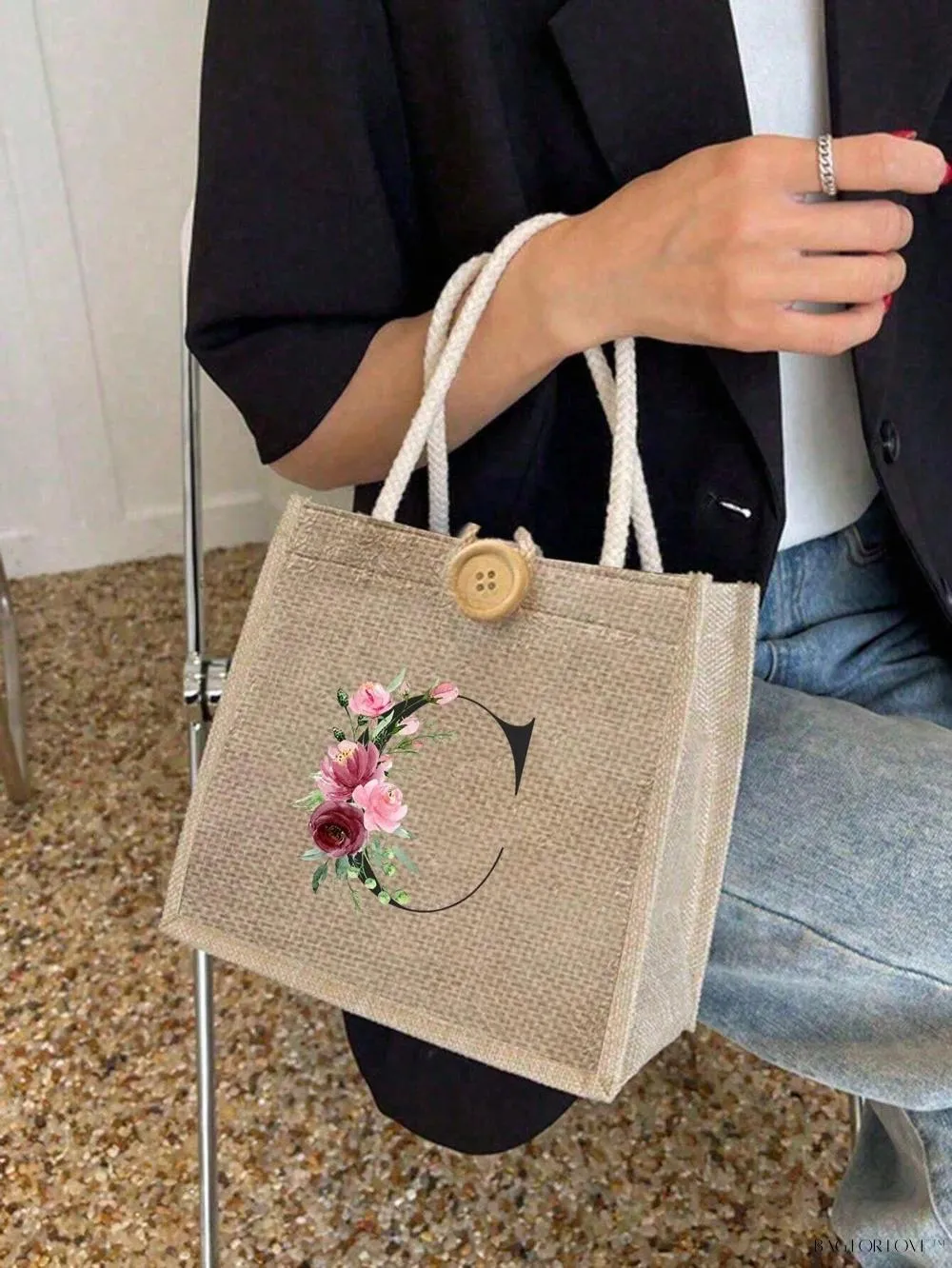 BagForLove - Floral Patterned Handbag with Button Embellishment