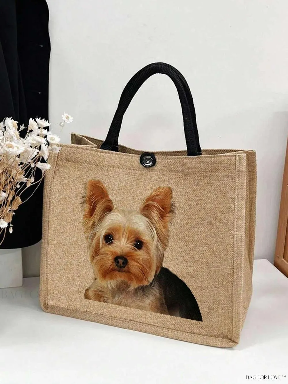 BagForLove - Women's Linen Large Capacity Tote Bag with Kawaii Dog Print