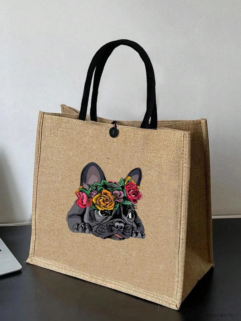 BagForLove - Women's Linen Large Capacity Tote Bag with Kawaii Dog Print