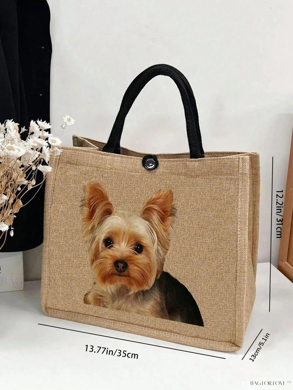 BagForLove - Women's Linen Large Capacity Tote Bag with Kawaii Dog Print