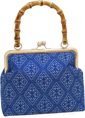 Bamboo Handle Clutch Purses for Women, Navy Cotton Evening Bags Kiss Lock Top Handle Vintage Small Purses Crossbody Bags Shoulder Handbags for Women