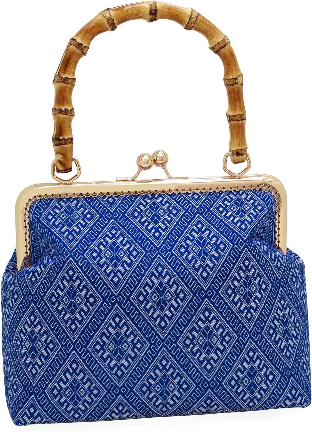 Bamboo Handle Clutch Purses for Women, Navy Cotton Evening Bags Kiss Lock Top Handle Vintage Small Purses Crossbody Bags Shoulder Handbags for Women
