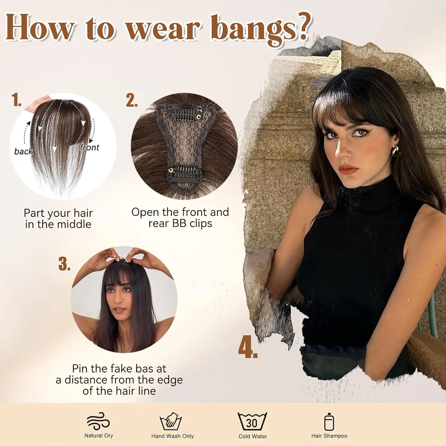 Bangs Hair Clip 360° 3D Cover Clip in Bangs 100% Real Human Hair Toppers for Women Fake Bangs for Daily Wear (5 * 7 Light Brown)