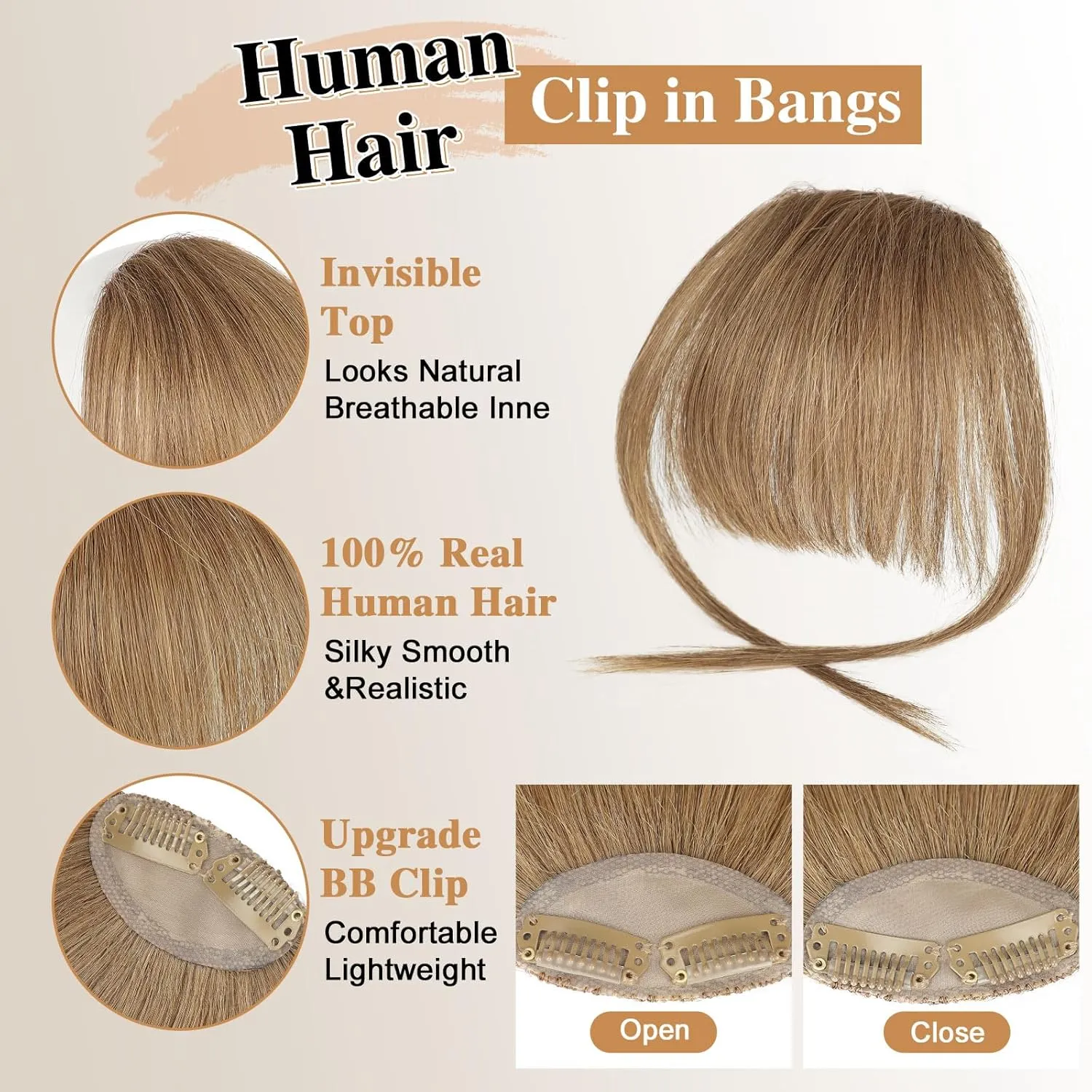 Bangs Hair Clip in Bangs Fringe with Temples Hairpieces for Women Human Hair Bangs Extension for Daily Wear(Dark Blonde)