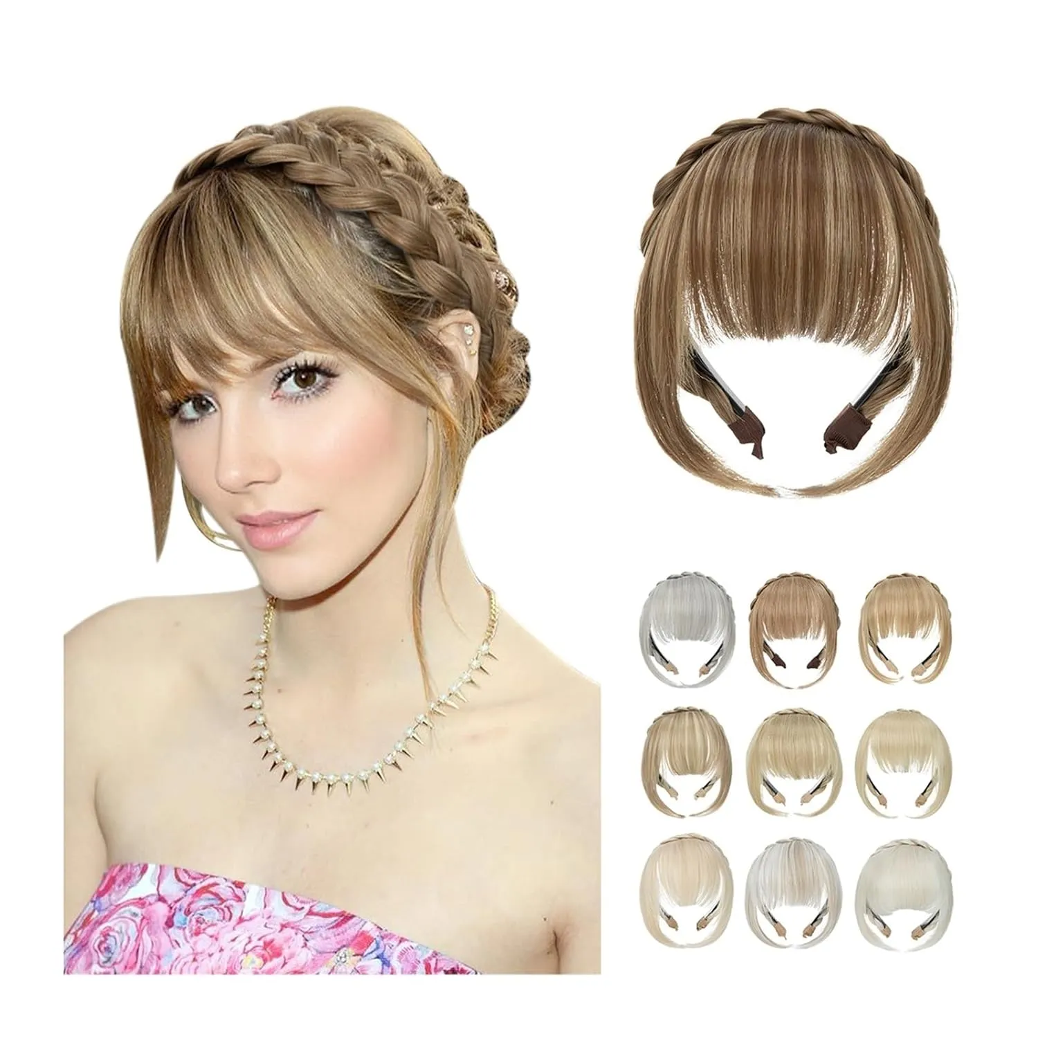 Bangs Hair Clip Synthetic Headband Bangs Extension Fake Hair Blunt Fringe with Long Sides for Women Natural False Black Brown Blonde Bang Clip in Bangs(Color:10H24B)