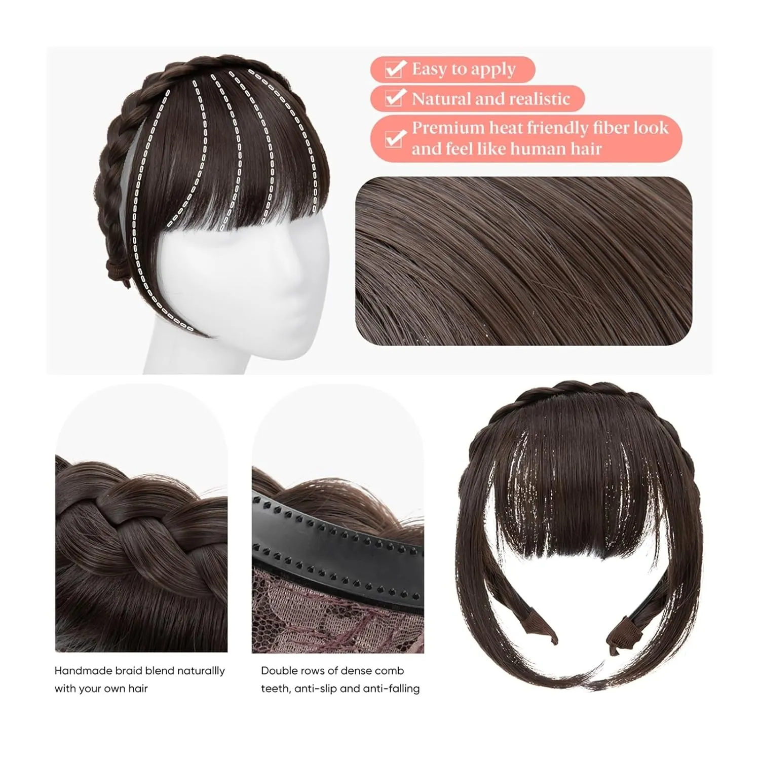 Bangs Hair Clip Synthetic Headband Bangs Extension Fake Hair Blunt Fringe with Long Sides for Women Natural False Black Brown Blonde Bang Clip in Bangs(Color:10H24B)