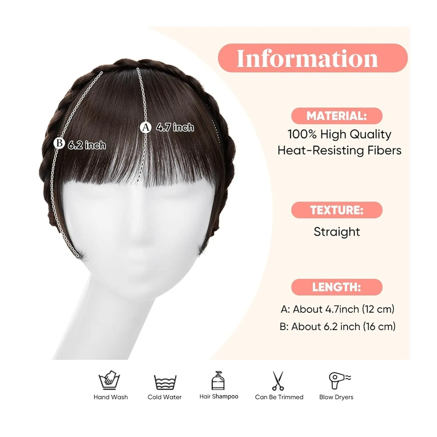 Bangs Hair Clip Synthetic Headband Bangs Extension Fake Hair Blunt Fringe with Long Sides for Women Natural False Black Brown Blonde Bang Clip in Bangs(Color:10H24B)