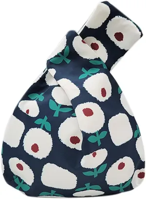 BAR Stylish Cotton Japanese Pattern Wrist Bag Sleeve Knot Pouch Portable Canvas Tote Purse for Female, Women (Navy Blue Apple Flower)