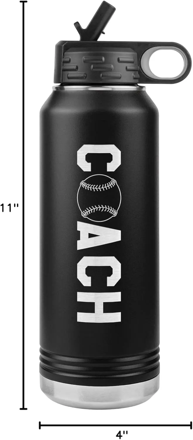 Baseball Coach Water Bottle - 32oz Insulated Engraved Stainless Steel Flip Top with Straw Baseball Coach Gift Black