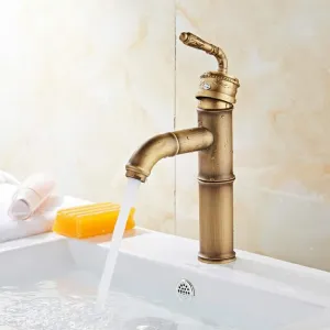 Bathroom Basin Faucet Brass Sink Mixer Tap Antique Copper Single Handle Bamboo Style Faucet Vanity Vessel Sink Mixer Crane