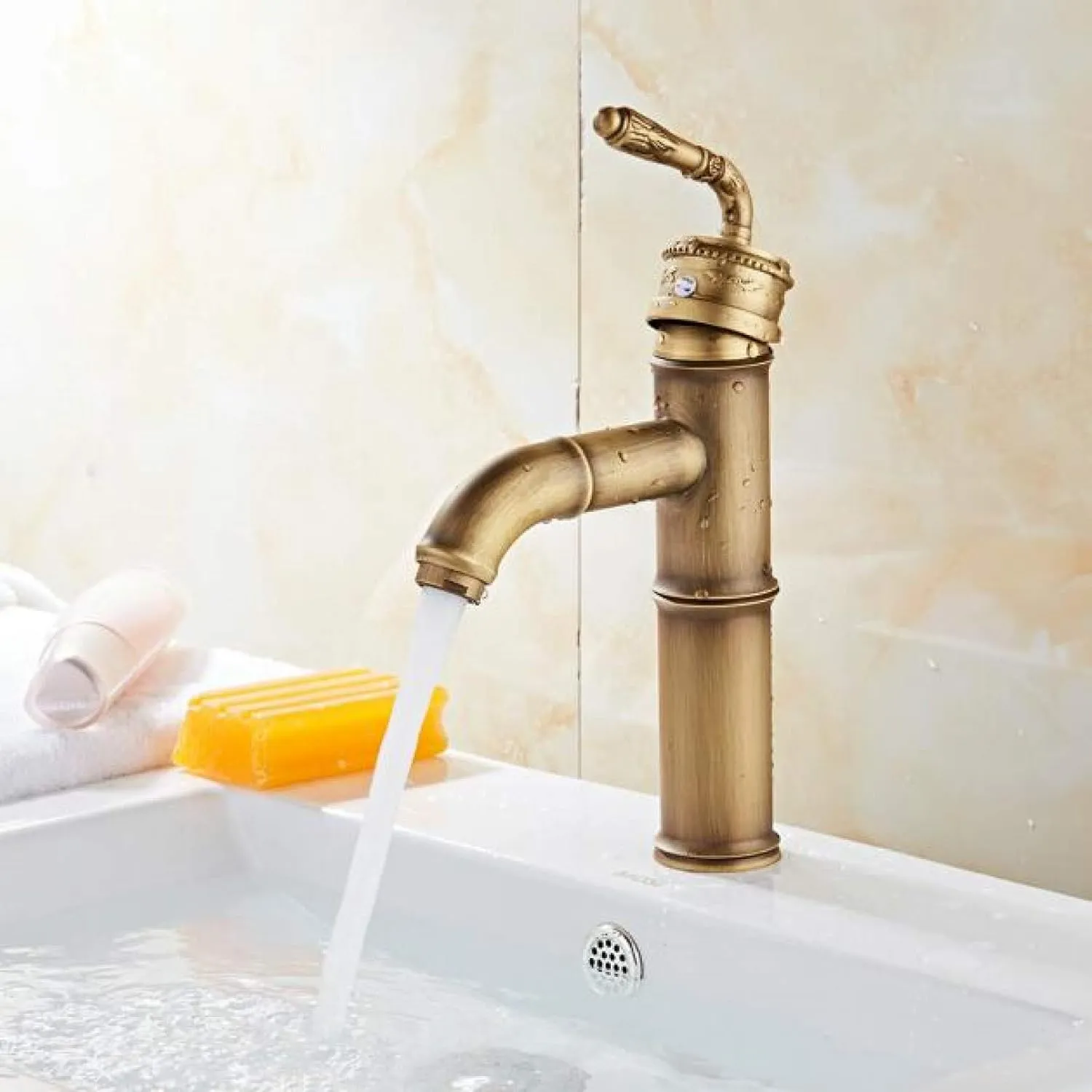 Bathroom Basin Faucet Brass Sink Mixer Tap Antique Copper Single Handle Bamboo Style Faucet Vanity Vessel Sink Mixer Crane