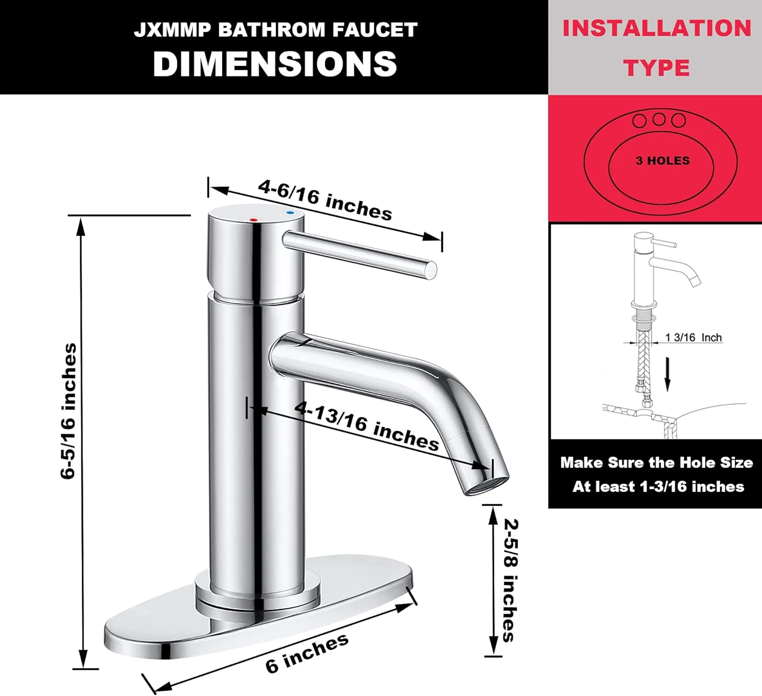 Bathroom Faucet Chrome Single Hole, JXMMP Single Handle Bathroom Faucets for Sink with Pop Up Drain Assembly and 6 inch Deck Plate
