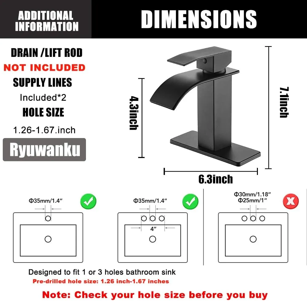 Bathroom Faucet Matte Black Modern Waterfall Bathroom Sink Faucet with Single Handle Suitable for 1 or 3 Holes,Supply Deck Plate and Hose