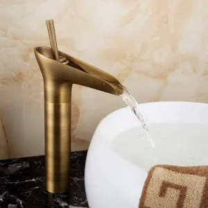 Bathroom Sink Taps Antique Brass Bathroom Basin Faucet Waterfall Spout Mixer Tap Deck Mount Single Hole Mixer Tap
