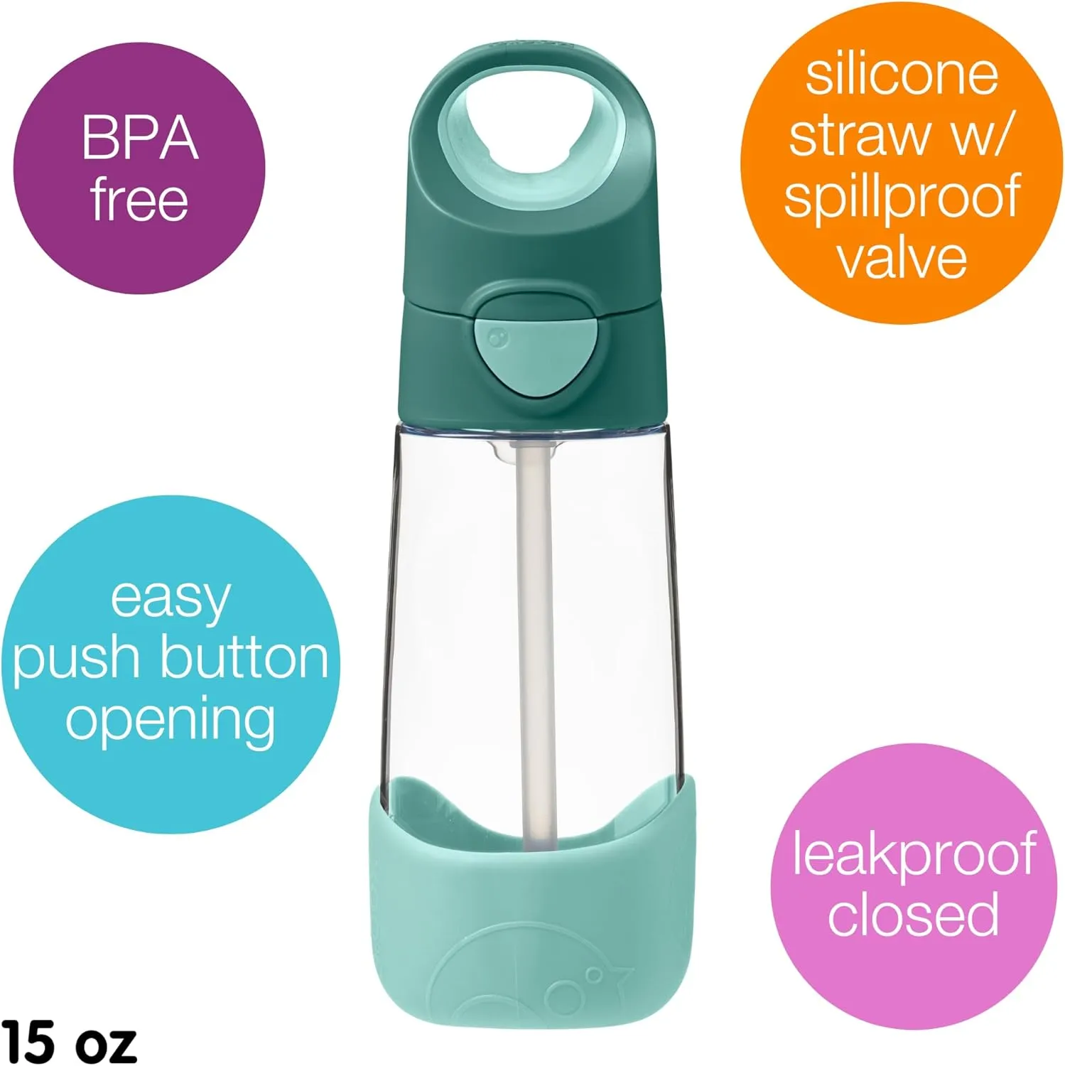 b.box 15 oz Tritan Drink Bottle: Kids Water Bottle w/Straw & Lid for School, Travel, Daycare. Spill & Leak Proof. Easy Grip Triangle Shape. BPA Free, Dishwasher Safe.