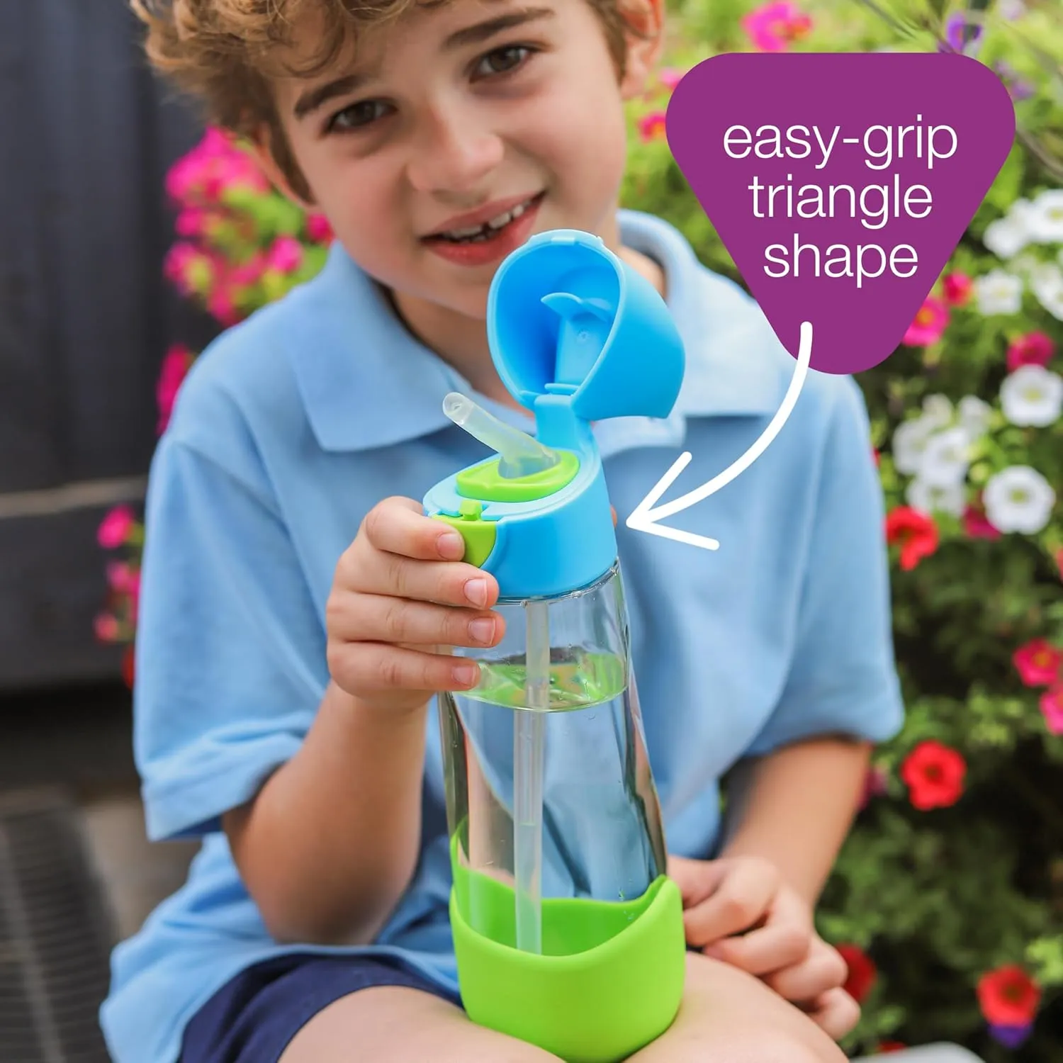 b.box 15 oz Tritan Drink Bottle: Kids Water Bottle w/Straw & Lid for School, Travel, Daycare. Spill & Leak Proof. Easy Grip Triangle Shape. BPA Free, Dishwasher Safe.