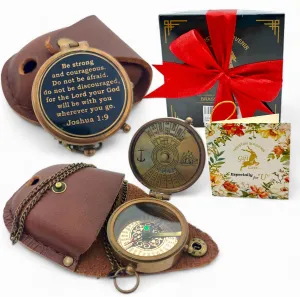 Be Strong and Courageous Joshua 1:9 Engraved Compass with Wooden Box, Bible Verse Gift, Confirmation Gift Ideas, Baptism Gifts, Camping Compass, Christian Gifts for Men,Gift Compass, Graduation Day