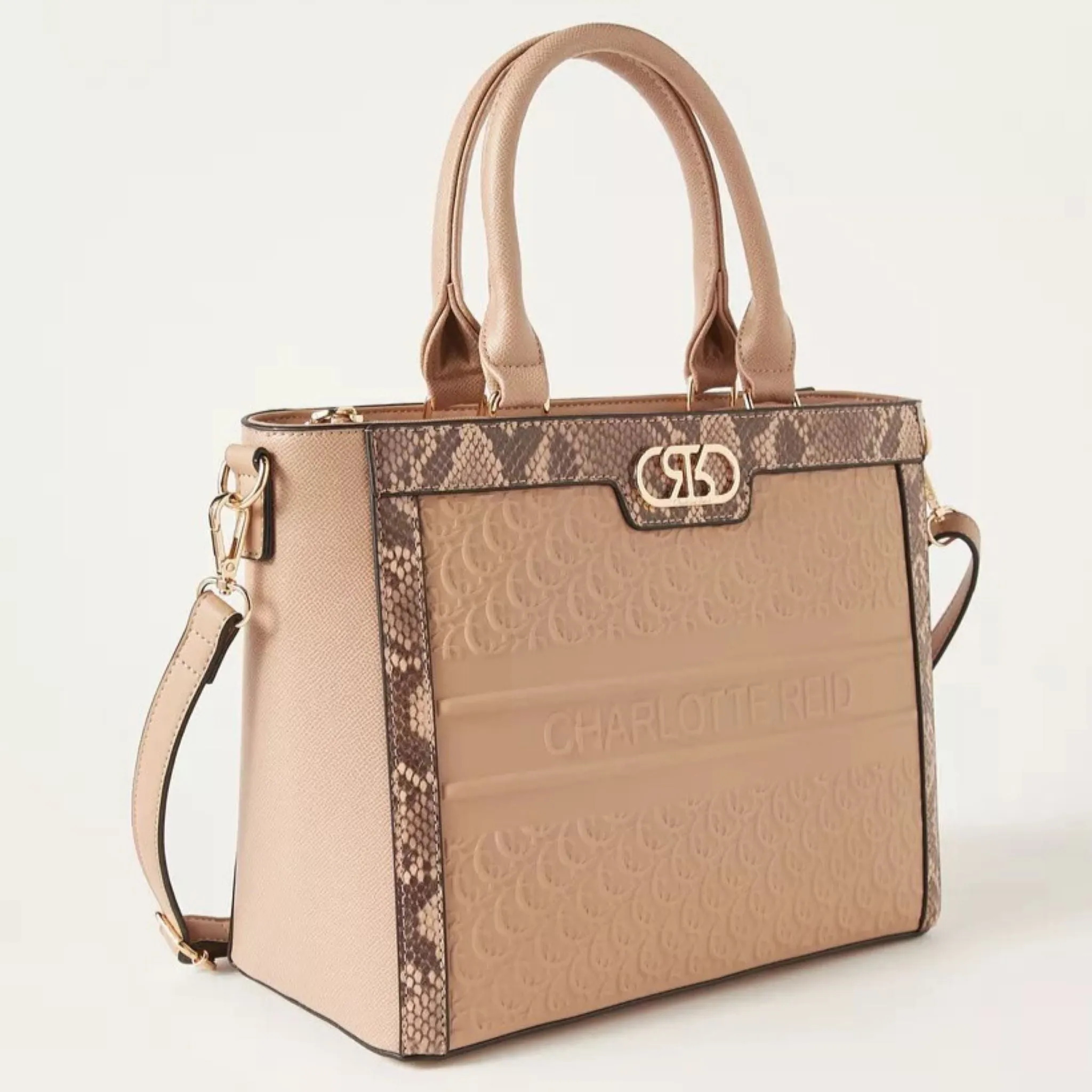 Beige Top Handle Embossed Satchel Tote
