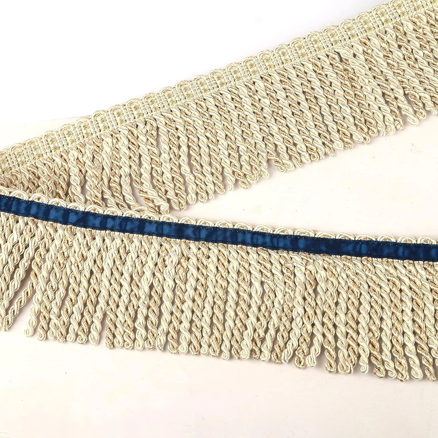 BEL AVENIR Curtain Fringes Bullion Fringe Trim with Blue Ribbon 5.3 Yard x 3 Inches Fabric Trims Sewing DIY Decoration for Curtain Sofa Clothes (Mix Beige)
