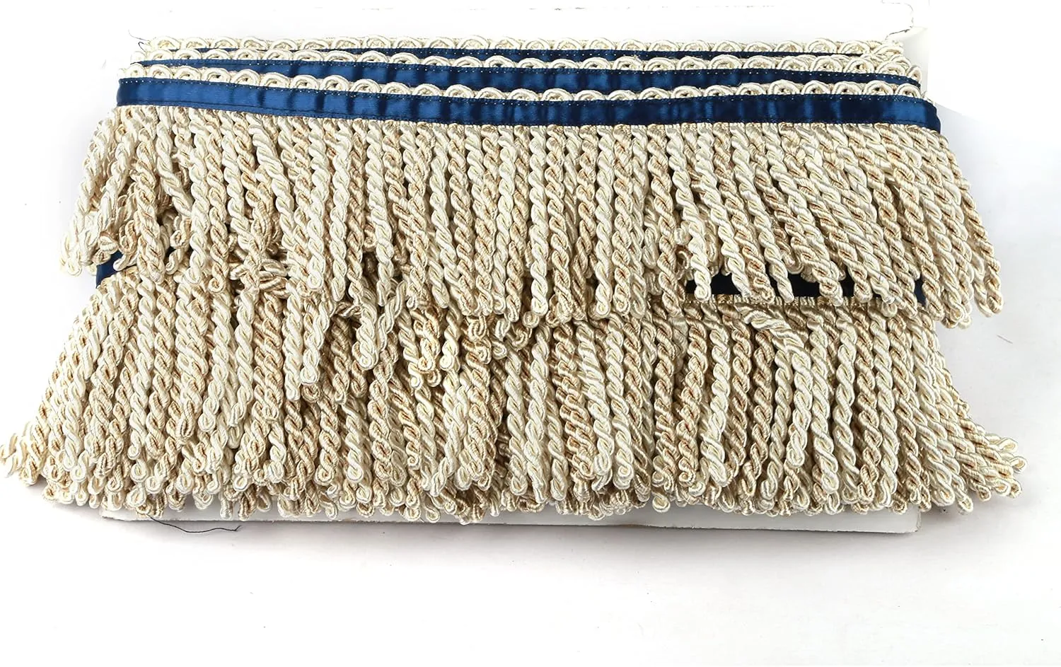 BEL AVENIR Curtain Fringes Bullion Fringe Trim with Blue Ribbon 5.3 Yard x 3 Inches Fabric Trims Sewing DIY Decoration for Curtain Sofa Clothes (Mix Beige)