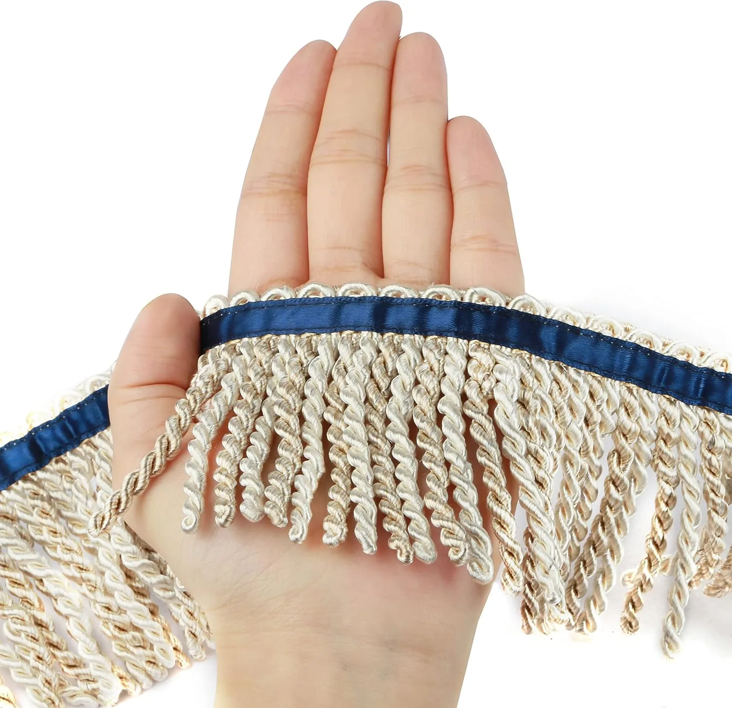 BEL AVENIR Curtain Fringes Bullion Fringe Trim with Blue Ribbon 5.3 Yard x 3 Inches Fabric Trims Sewing DIY Decoration for Curtain Sofa Clothes (Mix Beige)