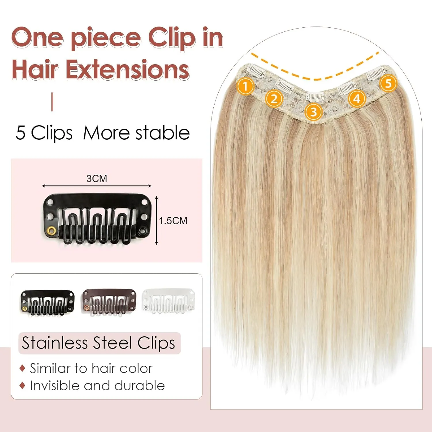 Benehair One Piece Clip in Hair Extensions Real Human Hair 3/4 Full Head V Shaped Weft Thicker Hair Lace Net One Piece Hair Extensions with 5 Clips (18"-70g #18P613 Ash Blonde Mixed Bleach Blonde)