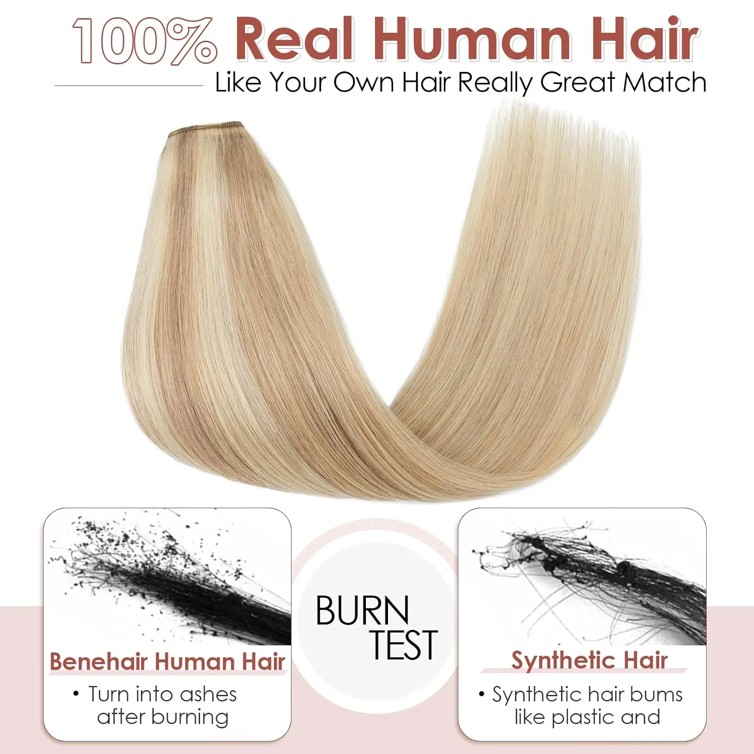 Benehair One Piece Clip in Hair Extensions Real Human Hair 3/4 Full Head V Shaped Weft Thicker Hair Lace Net One Piece Hair Extensions with 5 Clips (18"-70g #18P613 Ash Blonde Mixed Bleach Blonde)