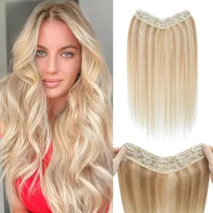 Benehair One Piece Clip in Hair Extensions Real Human Hair 3/4 Full Head V Shaped Weft Thicker Hair Lace Net One Piece Hair Extensions with 5 Clips (18"-70g #18P613 Ash Blonde Mixed Bleach Blonde)