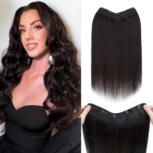 Benehair One Piece Clip in Hair Extensions Real Human Hair 3/4 Full Head V Shaped Weft Thicker Hair Lace Net One Piece Hair Extensions with 5 Clips (18"-70g #1B Natural Black)
