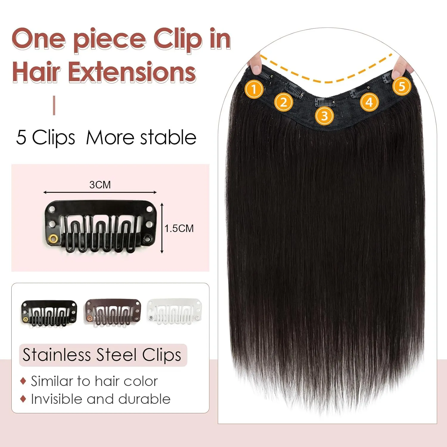 Benehair One Piece Clip in Hair Extensions Real Human Hair 3/4 Full Head V Shaped Weft Thicker Hair Lace Net One Piece Hair Extensions with 5 Clips (18"-70g #1B Natural Black)