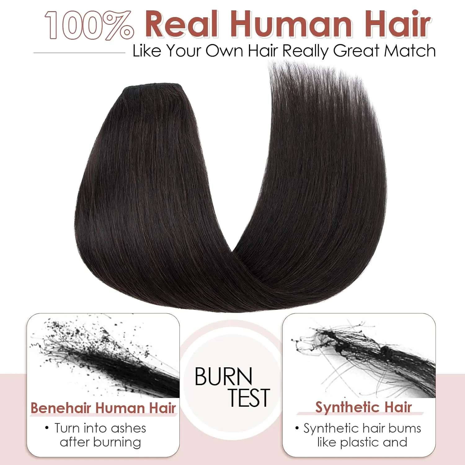 Benehair One Piece Clip in Hair Extensions Real Human Hair 3/4 Full Head V Shaped Weft Thicker Hair Lace Net One Piece Hair Extensions with 5 Clips (18"-70g #1B Natural Black)