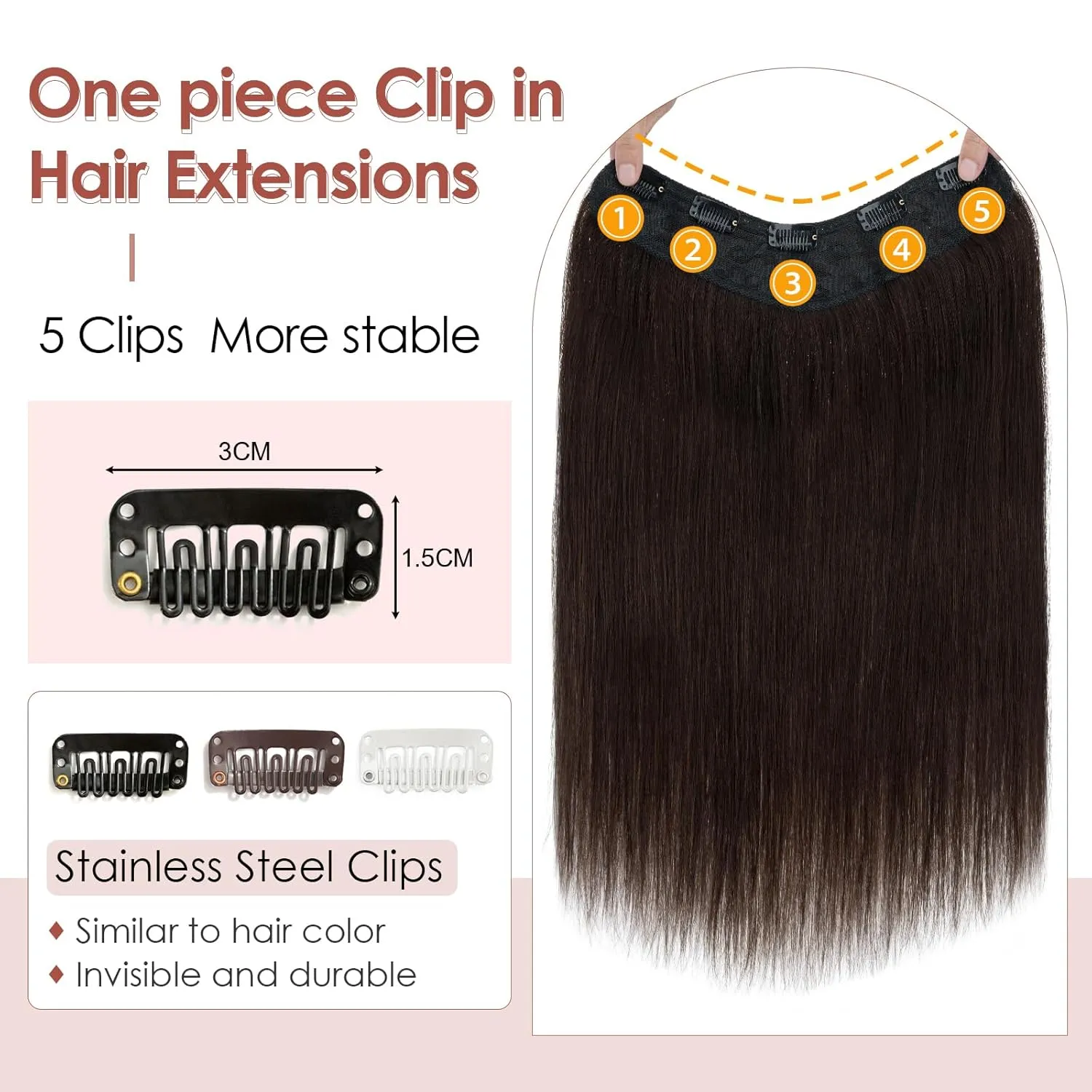 Benehair One Piece Clip in Hair Extensions Real Human Hair 3/4 Full Head V Shaped Weft Thicker Hair Lace Net One Piece Hair Extensions with 5 Clips (18"-70g #2 Dark Brown)