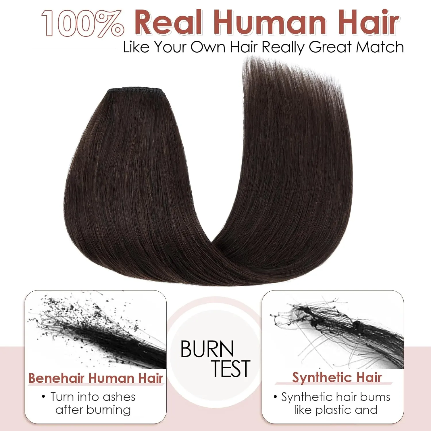 Benehair One Piece Clip in Hair Extensions Real Human Hair 3/4 Full Head V Shaped Weft Thicker Hair Lace Net One Piece Hair Extensions with 5 Clips (18"-70g #2 Dark Brown)