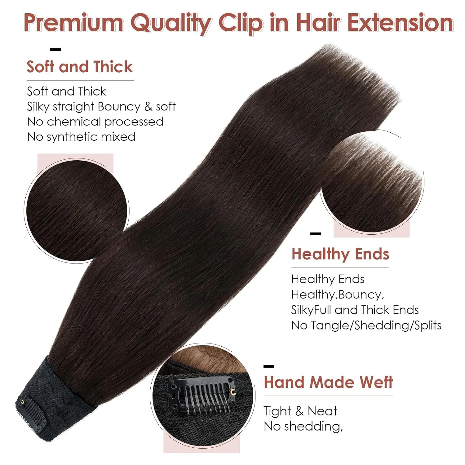 Benehair One Piece Clip in Hair Extensions Real Human Hair 3/4 Full Head V Shaped Weft Thicker Hair Lace Net One Piece Hair Extensions with 5 Clips (18"-70g #2 Dark Brown)